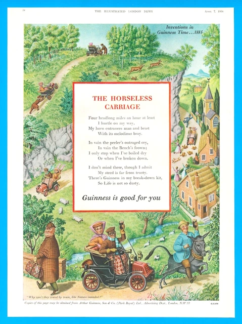 1956 GUINNESS Beer vintage art PRINT AD Horseless Carriage invention London auto