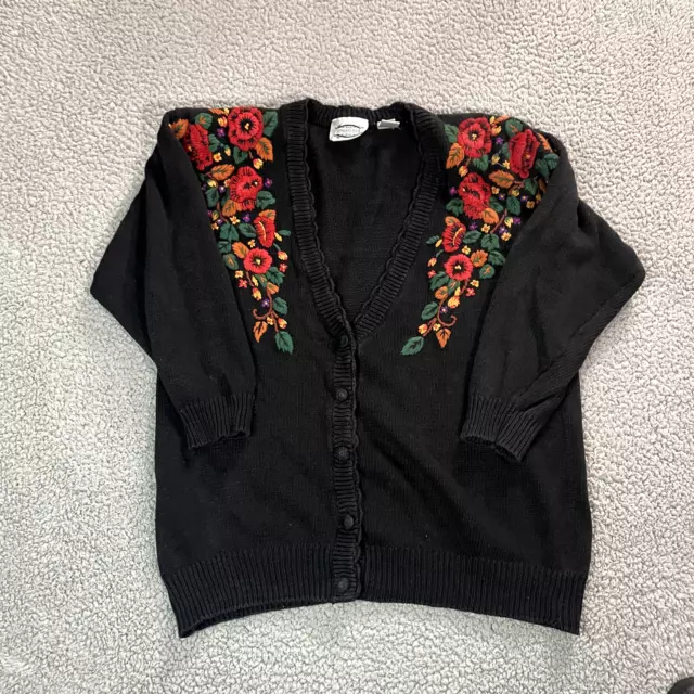 Vintage Separate Issue Cardigan Sweater Women's Black floral knit 80s 90s Medium