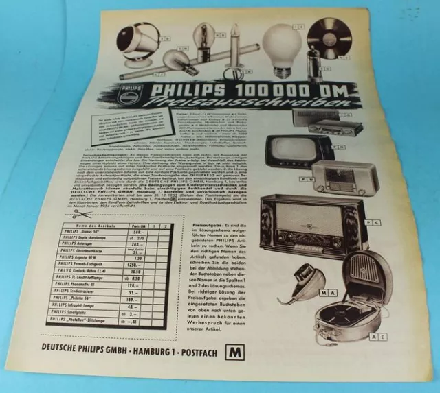 Reklame / Werbung - Original 1953 - Philips 100000 DM Preisausschreiben  /S83