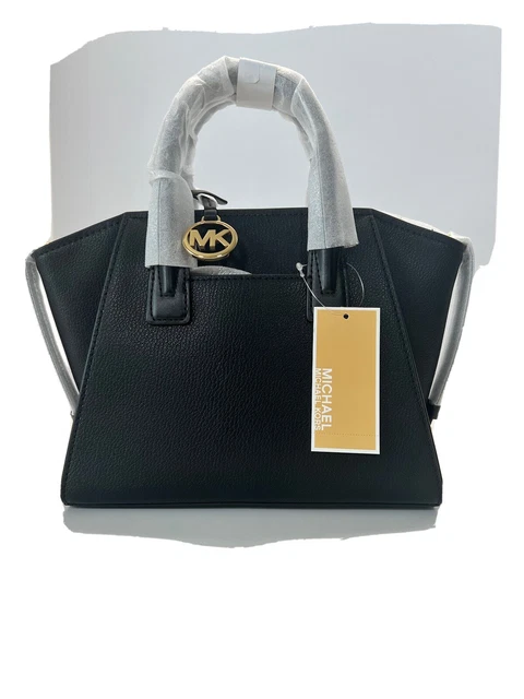 Michael Kors Avril Small Zip Satchel Bag Crossbody Tote Purse Black Gold $398
