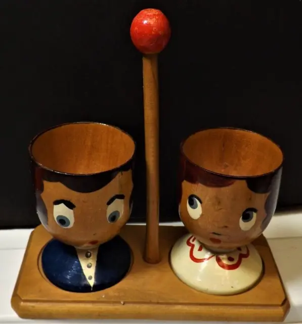Vintage Pair 2 Wooden Egg Cups on Stand Handpainted Man & Woman Folk Art