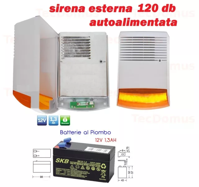 SIRENA ESTERNA DA ESTERNO AUTOALIMENTATA PER ALLARME ANTIFURTO 125dB STROBO