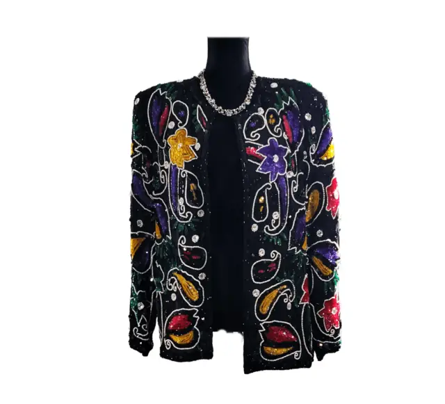 Royal Feelings Sequin Rhinestone Pearl Floral 100% Silk Formal Blazer Jacket Siz