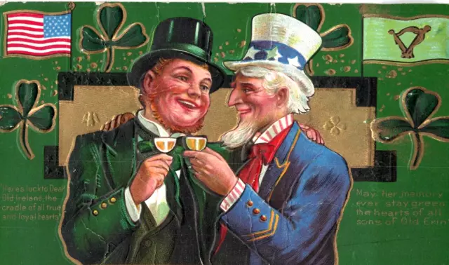 C1910 Uncle Sam Ireland USA 28-Star Flag Harp Hand Color Gilt Clover Top Hat Vtg