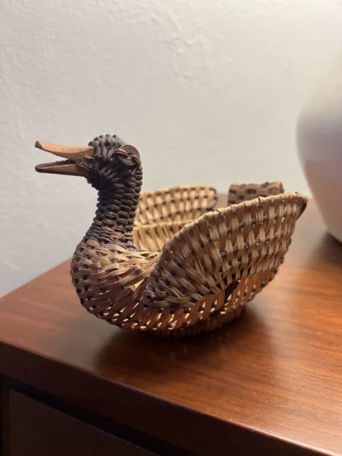 Vintage Petite Small Wicker Rattan Duck Basket Wooden Beak Decor