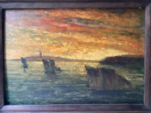 19th Century Sunset by the Sea French Impressionism Oil Painting Framed