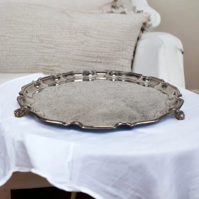 Barker Ellis Silver Plated Salver Tray Chippendale Pattern Ball & Claw Legs VTG