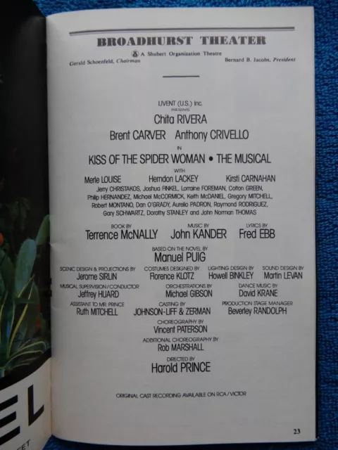 Kiss Of The Spider Woman - Broadhurst Playbill - April 1993 - Chita Rivera 3