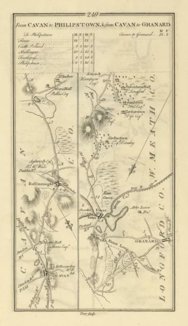 #249 Cavan to Philipstown & Granard. Finnea Ballinagh. TAYLOR/SKINNER 1778 map