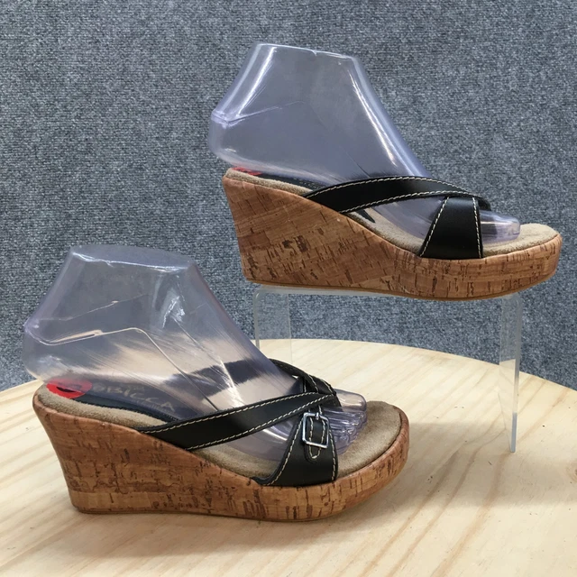 Sbicca California Sandals Womens 6 Casual Slip On Cork Wedge Thong Black Leather
