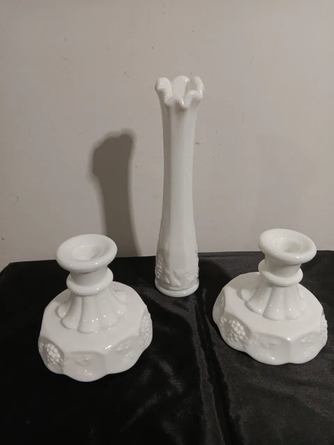 Westmoreland Paneled Grape Milk Glass Candle Holder Pair & 9" Bud Vase