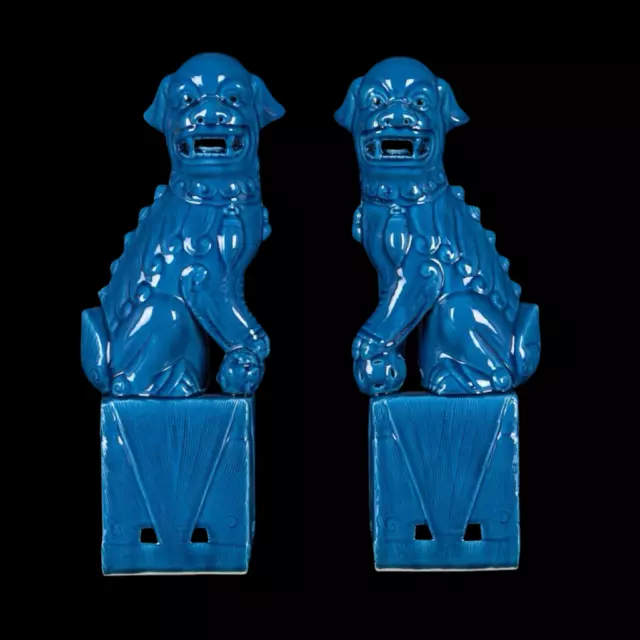 Chinese Old Marked Blue Glaze Porcelain Fengshui Lion Foo Fu Dogs Statues A Pair