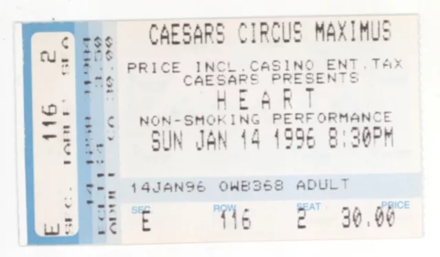 Heart 1/14/96 Tahoe Stateline NV Caesars Circus Maximus Rare Ticket Stub