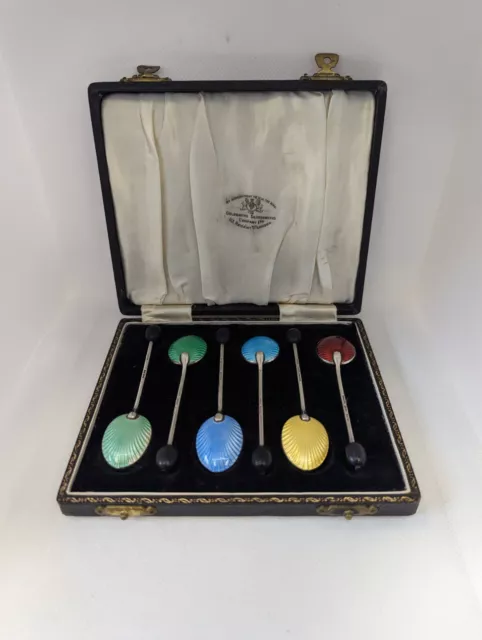 Boxed Set of Six Sterling Silver and Enamel Coffee Bean Spoons Birmingham 1948