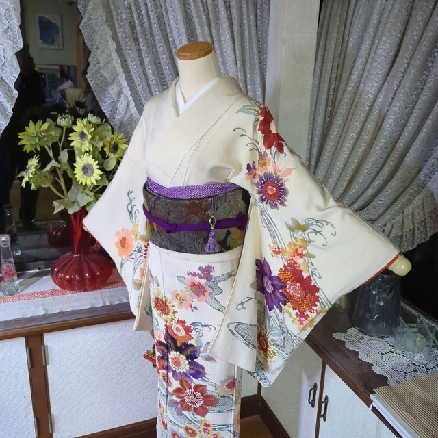 Japanese Kimono Silk Women's Chirimen 152cm Flower Antique