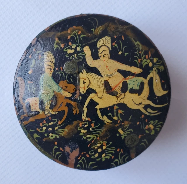 Boîte Ronde à Bijoux Ancienne En Bois Peint – Marque Saumur, Occasion Avec Manque De Peinture