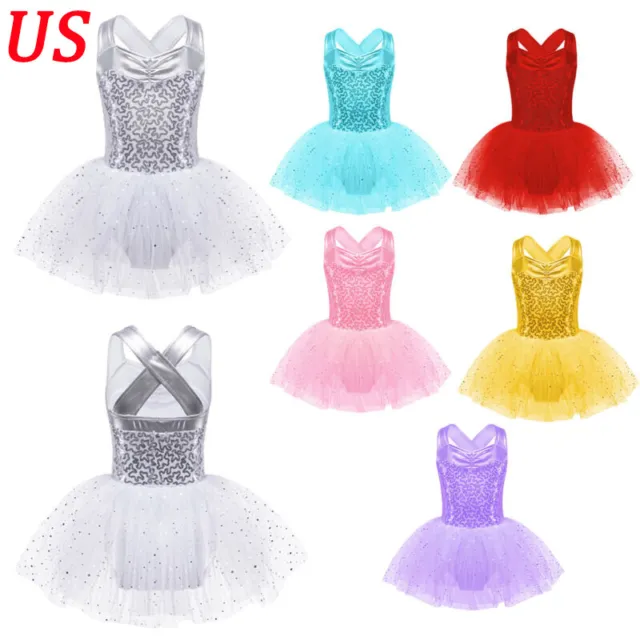 US Girls Shiny Sequins Ballet Tutu Dress Leotard Ballerina Costume Dancewear