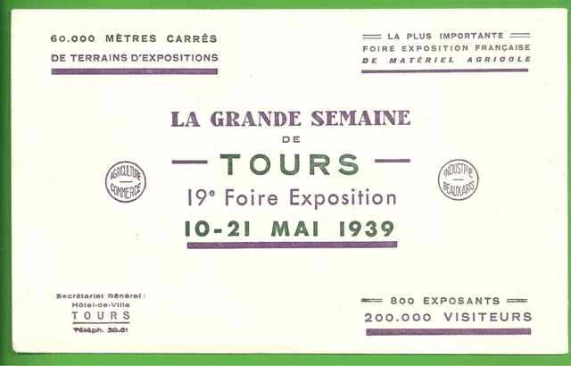 Buvard publicitaire - FOIRE EXPOSITION de TOURS en 1939