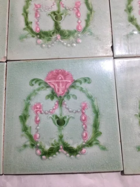 Vintage Beautiful Flower Design Old Ceramic Tiles  8 Pieces England