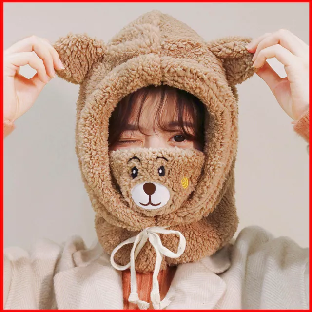 Cute Cartoon Bear Scarf Cap Winter Hats Windproof Plush Mask Cap Bear Ear Hat