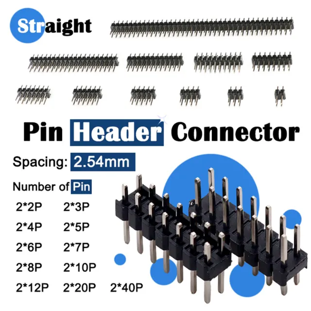 2 to 40 Pin Male Double Row Strip 2.54mm Pitch Pin Header PCB Connector Straight