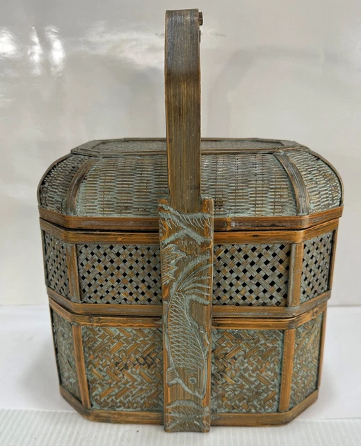 Vintage Chinese Wedding Basket Picnic Stackable Lunch Box Bamboo Carved 1960s
