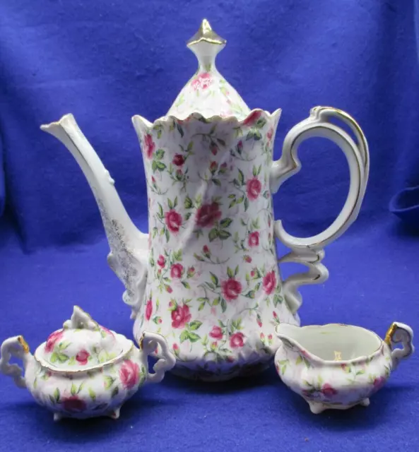 Lefton Chintz Coffee Teapot Creamer & Sugar w/lid