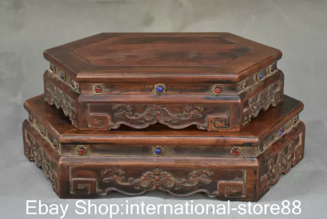 13.6" Old China Huanghuali Wood Gems Carving Dynasty Flower Small Table Pair