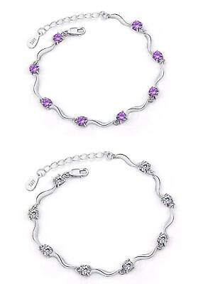 925 Sterling Silver Bracelet Elegant Crystal Linked Charm Bangle for Women