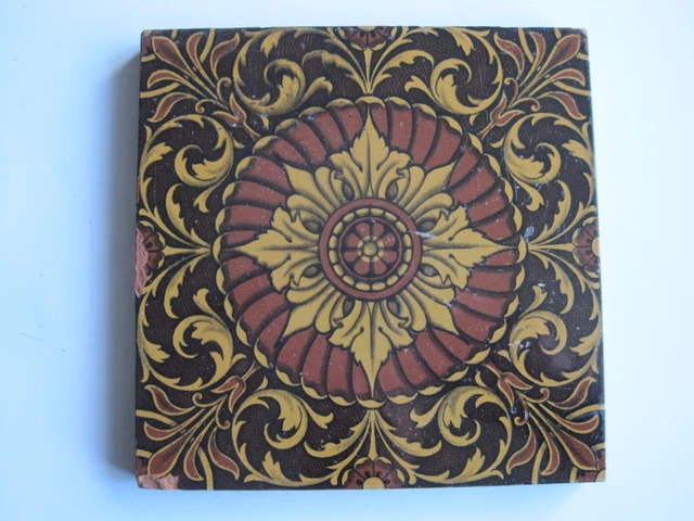 6 " Sq. Antique Victorian Mintons Gold & Brown On Red Clay Floral Tile C1868-190