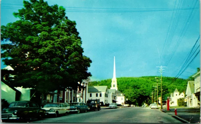 Vtg Postcard 1960s Stowe Vermont VT Main Street View Old Cars Church Steeple UNP