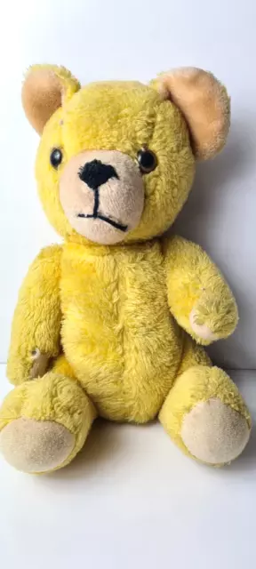 Cute Vintage Jointed Yellow Teddy Bear Plush with Brown Plastic Eyes No Tag 34cm