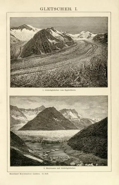Gletscher Aletsch Rhone Aar historische Bildtafel alte Grafik Holzstich ca. 1892