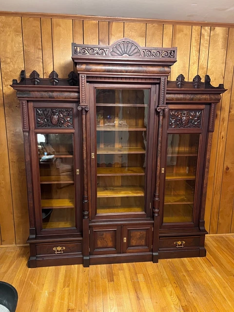 Walnut Renaissance Revival Victorian Three-Door Owl Carved Bookcase circa 1870