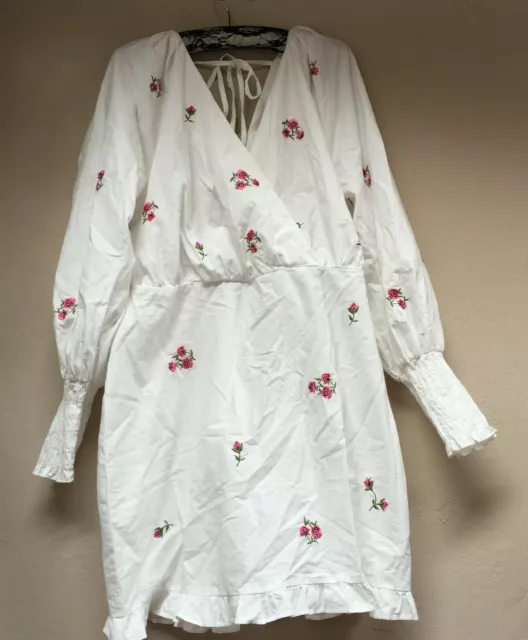 ASOS DESIGN Sz 12 Cotton Poplin Wrap Front Mini Dress All Over Embroidery White
