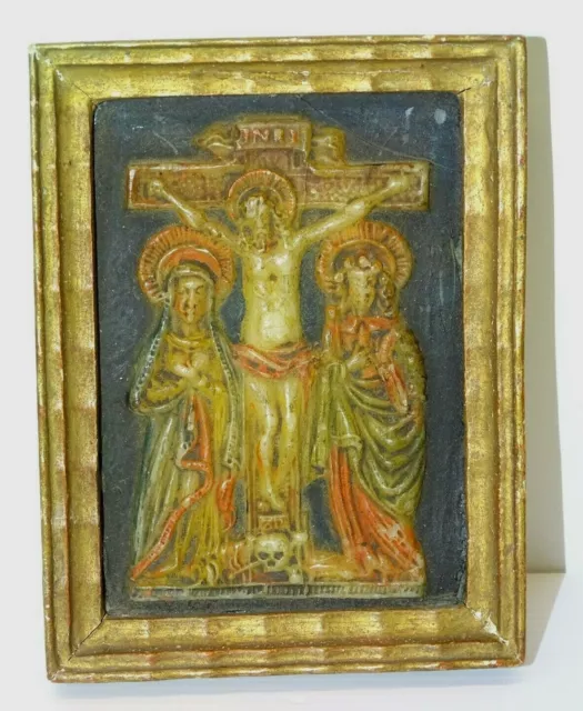 *PLAQUE EX VOTO en CIRE XVIII/XIXe cadre bois Doré CHRIST Mère de Jésus Disciple