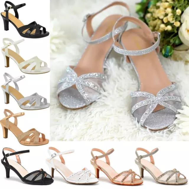 Womens Low Mid Heels Wedding Shoes Glitter Diamante Bridal Sandals Comfortable