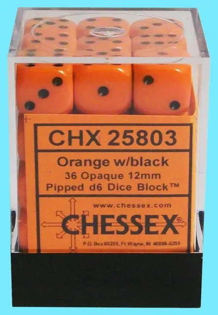 CHESSEX OPAQUE ORANGE with BLACK 36 die set NEW d6 dice block 12mm dungeons rpg