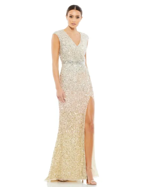 Mac Duggal Cap Sleeve Sequin Gown Women's 16 (XL) Nude V-Neck Back Zip Closure