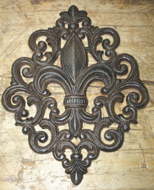 HUGE Cast Iron FLEUR DE LIS Plaque Finial Garden Sign Home Wall Decor Rustic