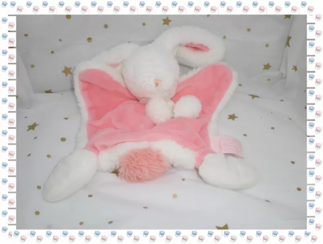 Doudou Plat Lapin Blanc Rose/Corail  Collection  Pompons  Doudou et Compagnie