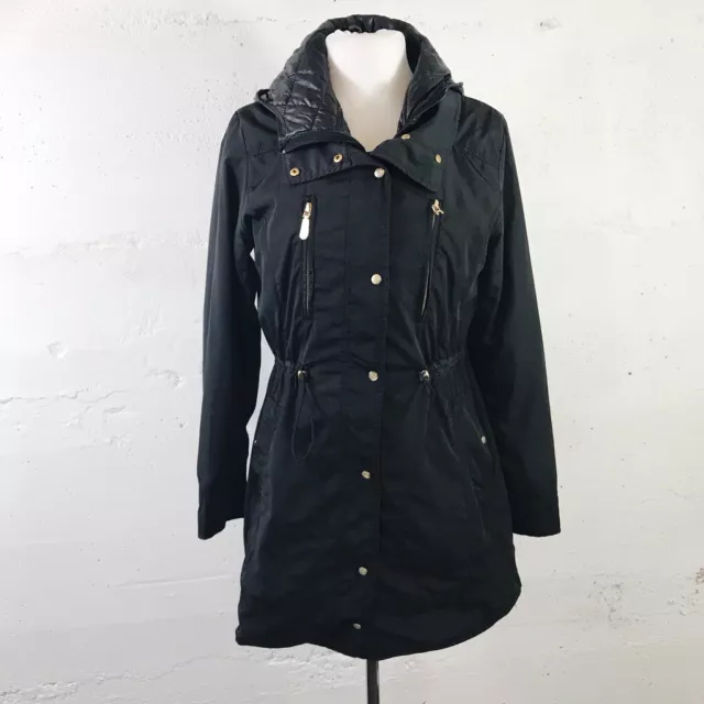 Vince Camuto Black Hooded Parka Jacket Size: Small Quilted Cinch Waist Long Coat