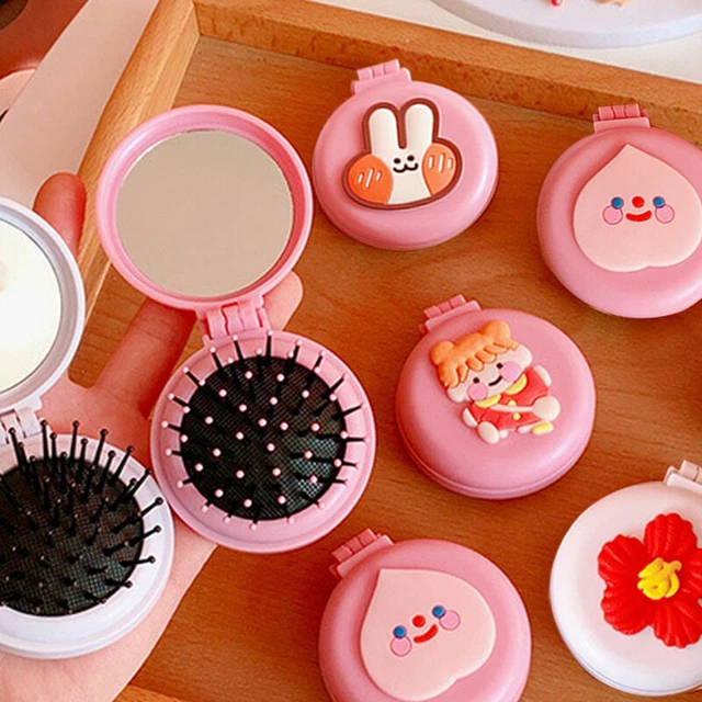 Cartoon Portable Head Scalp Massage Folding Combs Women Hair Brushes w/Mirror&