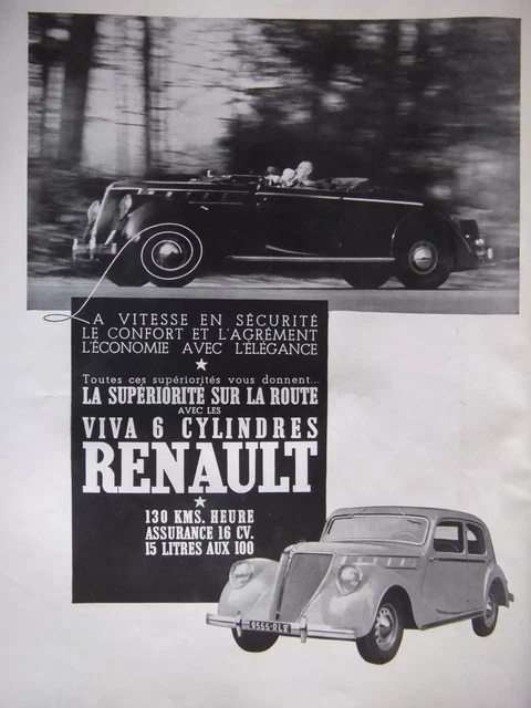 Publicité Presse 1937 Renault Viva 6 Cylindres Assuance 16 Cv 15 Litres Au 100Km
