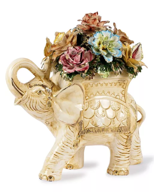 Petite Statue Capodimonte De Éléphant Avec Selle et Fleurs en Porcelaine Neuf