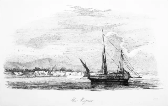 Racisme Esclavage - BATEAU NÉGRIER en RADE sur les côtes d'AFRIQUE - Gravure 19e