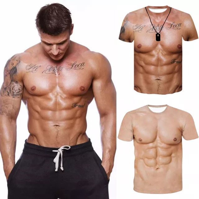 Men's Summer Muscle 3D Digital Print T-Shirt Funny Short Sleeve Fake Tattoo Tops