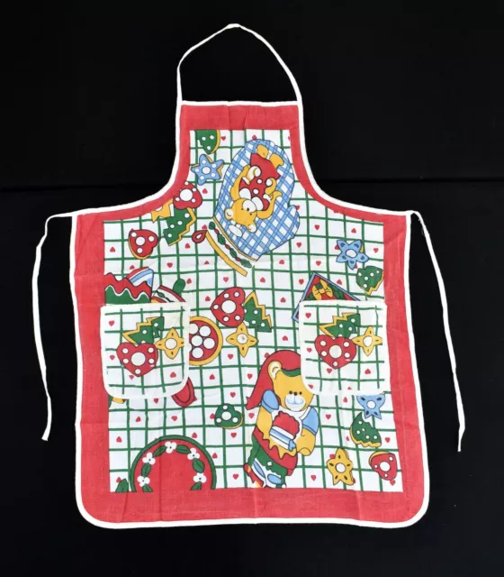 Vintage 1980sTeddy Bears & Christmas Trees Red Green Gold Checkered Bib Apron