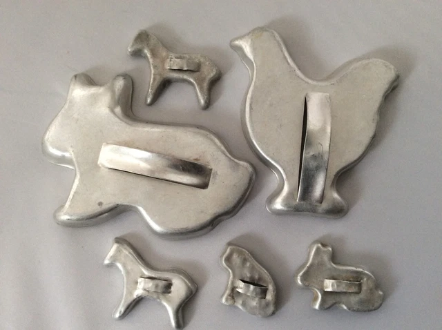 Vintage Animal Cookie Cutters Lg Rabbit & Chicken 4 Minis Aluminum