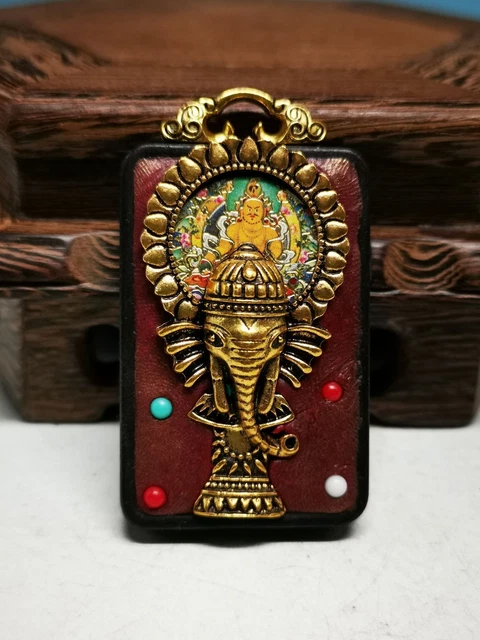 Retro Nepal Thangka Elephant God Black Sandalwood Pendant DA8